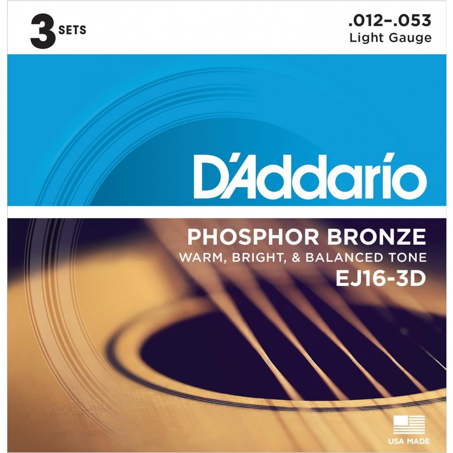 D'Addario EJ16-3D Phosphor Bronze Light Acoustic Strings (.012-.053) 3 Sets